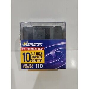 Memorex 3.5" HD Computer Floppy Disks New Sealed 10 Pack. Black Diskettes